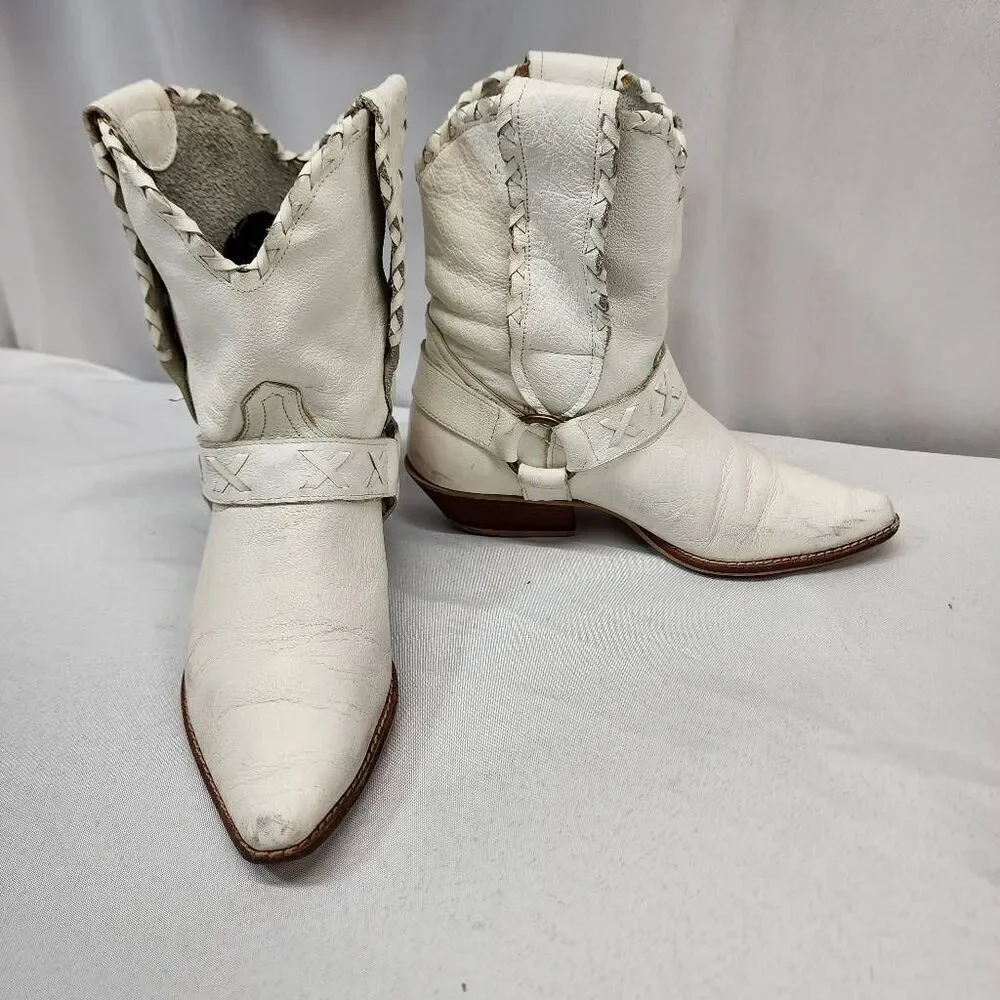 Women's 6 White Leather Braided Short Ankle Western Cowboy Boots Vintage